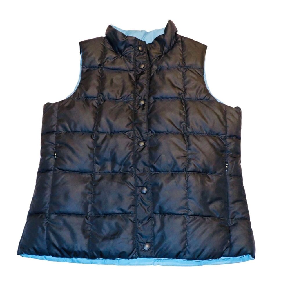 L.L.Bean Down Puffer Vest M Reversible Black Blue Quilted Snap Front Lightweight